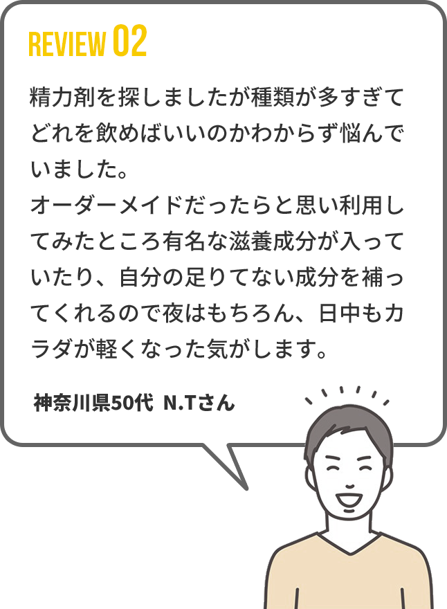 【REVIEW02】 精力剤を探しましたが種類が多すぎてどれを飲め
ばいいのかわからず悩んでいました。オーダーメイドだったらと思い利用してみたところ有名な滋養成分が入っていたり、自分の足りてない成分を補ってくれるので夜はもちろん、日中もカラダが軽くなった気がします。　神奈川県50代  N.Tさん